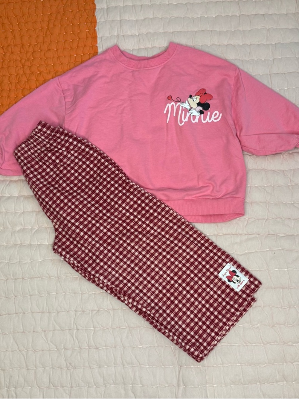 next Pink Minnie Mouse Pajama Set with Red Plaid Pants